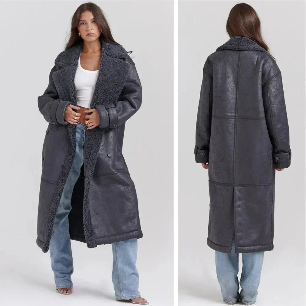 House of CB Deiji Grey Vegan Shearling Faux Leather Coat Penny Lane Trench